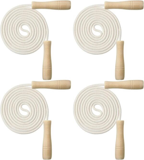 Hungdao 4 Pcs Cotton Braided Jump Rope for Kids with Wooden Handle Adjustable Skipping Rope for Exercise Fitness Jumping Rope for Children Boys Girls Students Preschooler Outdoor Fun Activity Workout