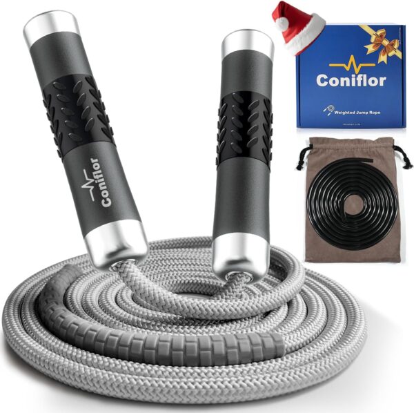 Weighted Jump Rope, 1LB Tangle-Free Ball Bearing Rapid Speed Skipping Rope for Men Women, Adjustable 9mm Cotton & PVC Rope with Alum Handle for Boxing MMA Weight-Loss Athletic Workout Fitness