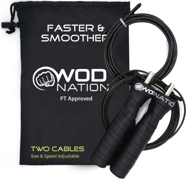 WOD Nation Attack Speed Jump Rope : Adjustable Jumping Ropes : Unique Two Cable Skipping Workout System : One Thick and One Light 11 Foot Cable : Perfect for Double Unders : Men and Women