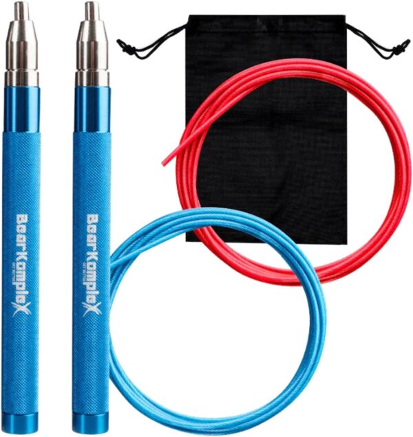 Bear KompleX Speed Jump Rope - Get Fit Fast with Double Unders - Boxing & Conditioning - Fast & Easy Set Up - 2 Lightweight Cables + 2 Handles in Black or Blue - Free Carrying Case