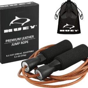 HUEY Sport Leather Jump Rope Skipping Rope for Speed Quiet Training Boxing MMA Cardio Crossfit Fitness Workout Indoor and Outside Exercise for Adult Kids Men and Women (5.5 oz)