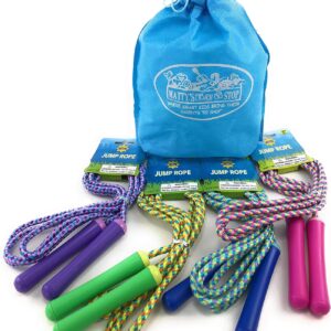 Deluxe Jump Ropes 7-Foot (7') Pink, Green, Purple & Blue Gift Set Party Bundle with Bonus Matty's Toy Stop Storage Bag - 4 Pack